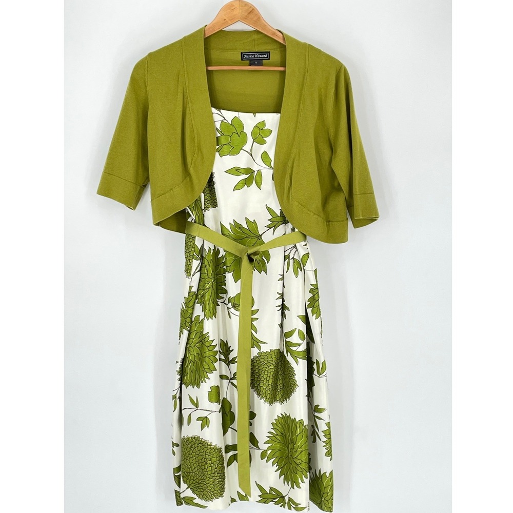 Jessica Howard Womens Dress 14 2PC‎ Green White Floral Belted Shrug Set